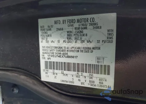 2007 Ford Explorer Eddie Bauer z USA, uszkodzony, nr VIN 1FMEU74EX7UB85617